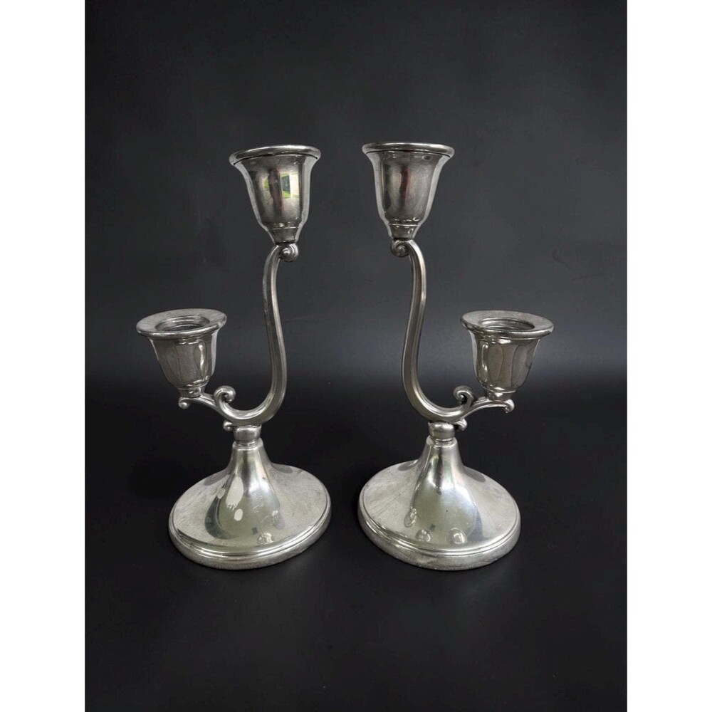 Vintage Connecticut House Pewterers Candlesticks Double Arm Candle Holders x2